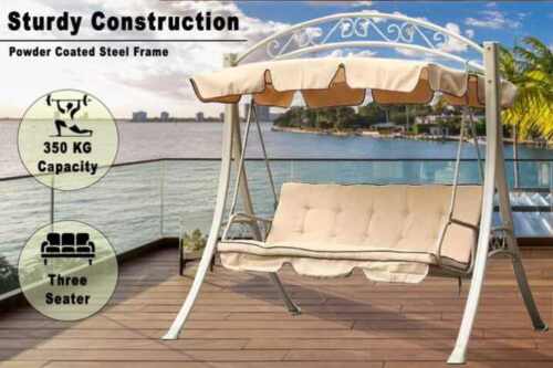 Unwind in Comfort – 3-Seater Outdoor Swing with Canopy - Beige