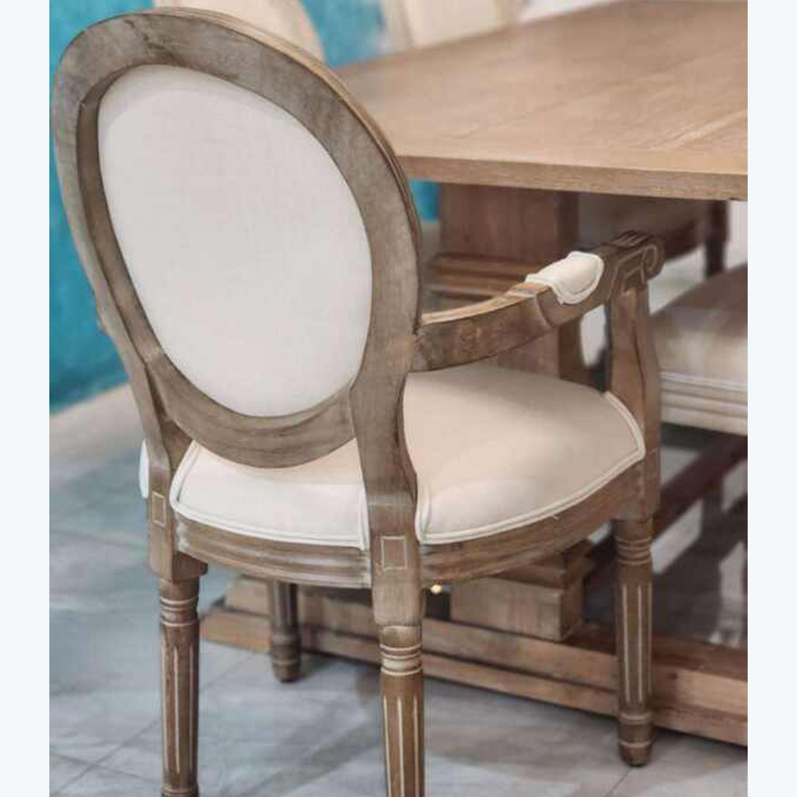 French Country Beige Linen Dining Armchair Dark Wood2