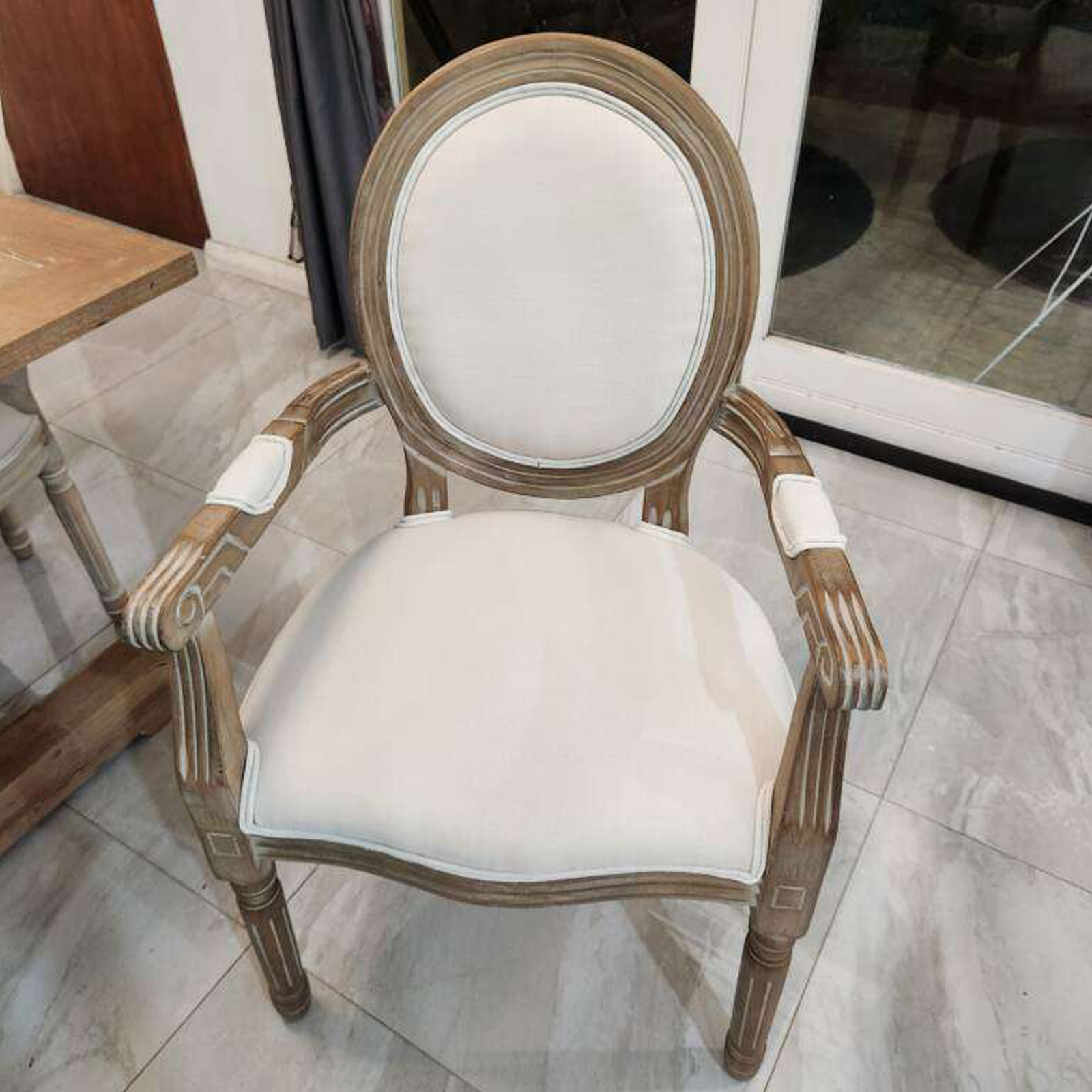 French Country Beige Linen Dining Armchair Dark Wood3