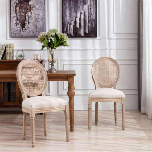 Louis French Chair with Rattan Back - Cream Lenin