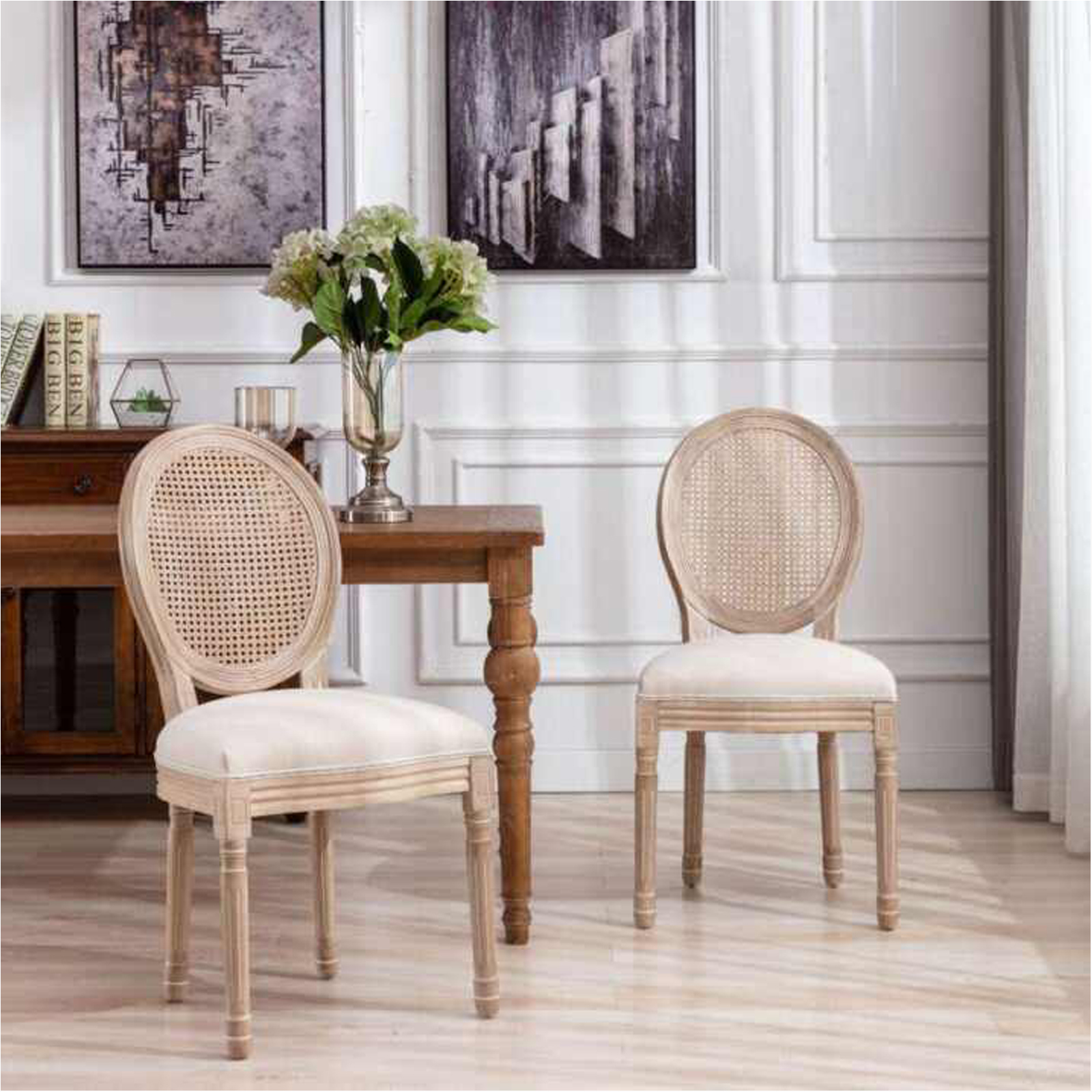 Louis French Chair with Rattan Back - Cream Lenin