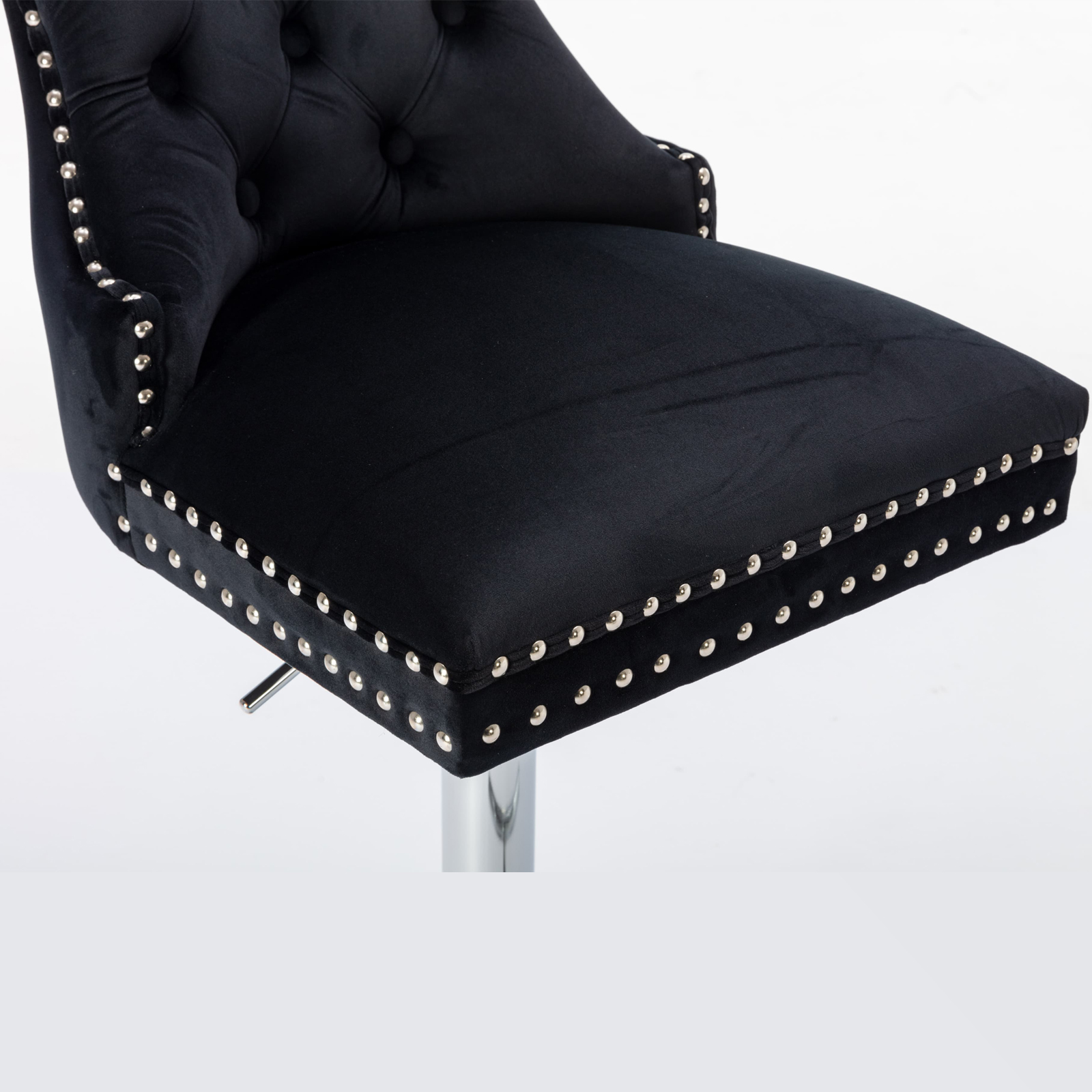 Zara Luxury Height Adjustable Swivel Bar Stool Velvet Stud With Footrest And Chromed Base - Black