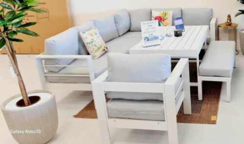 Hamilton Outdoor L-Shape Aluminium Lounge Sofa Set With Coffee Or Dining Tables – White Frame