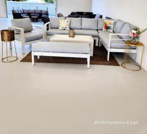 Hamilton Outdoor L-Shape Aluminium Lounge Sofa Set With Coffee Or Dining Tables – White Frame