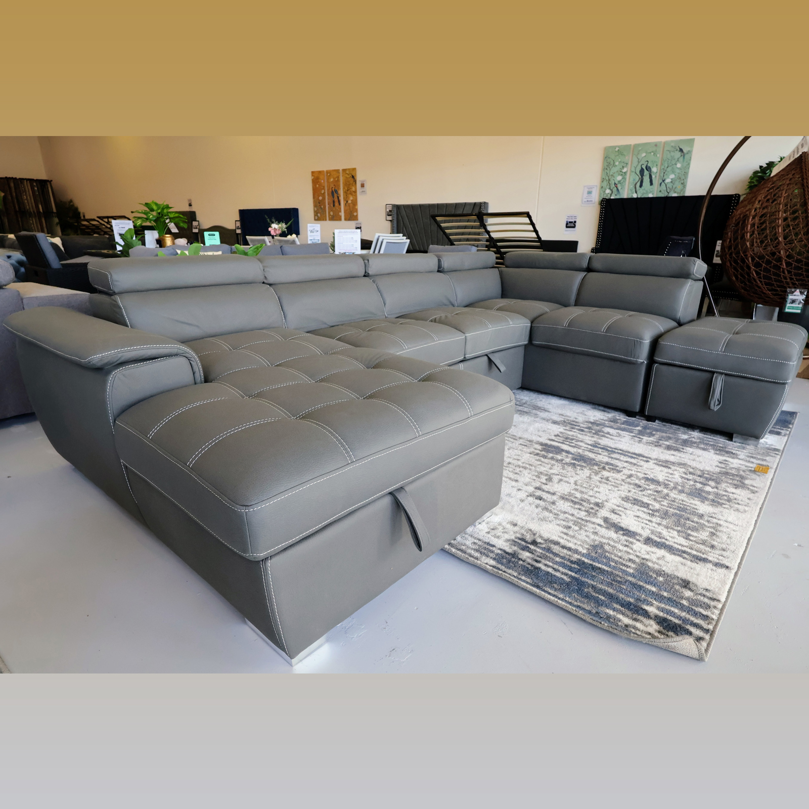 Veronica 6 Seater Lounge, Sofa Bed With Storage And Ottoman - Dark Grey Leather