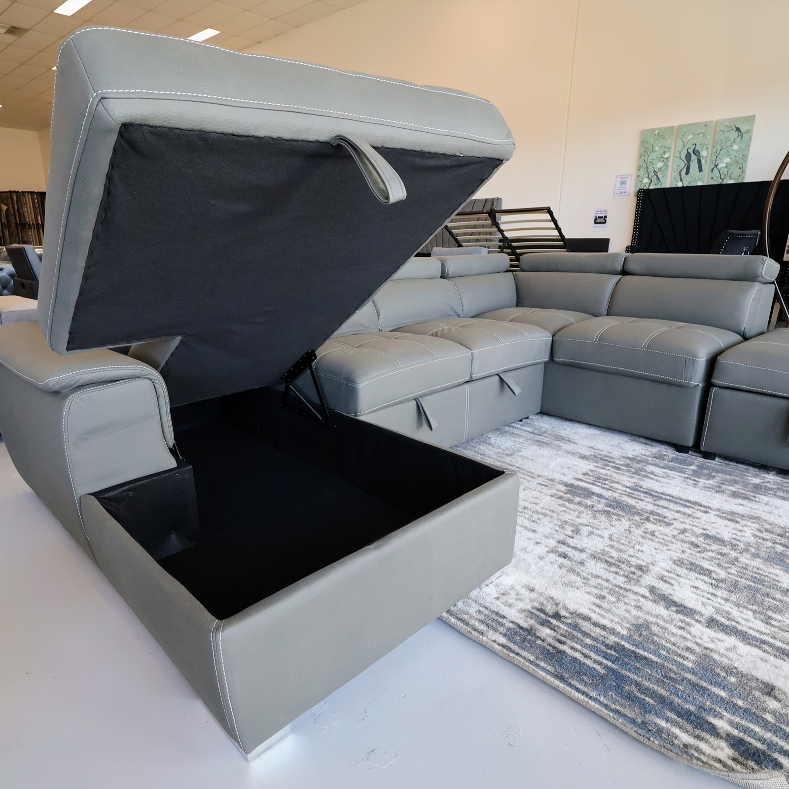 Veronica 6 Seater Lounge, Sofa Bed With Storage And Ottoman - Dark Grey Leather