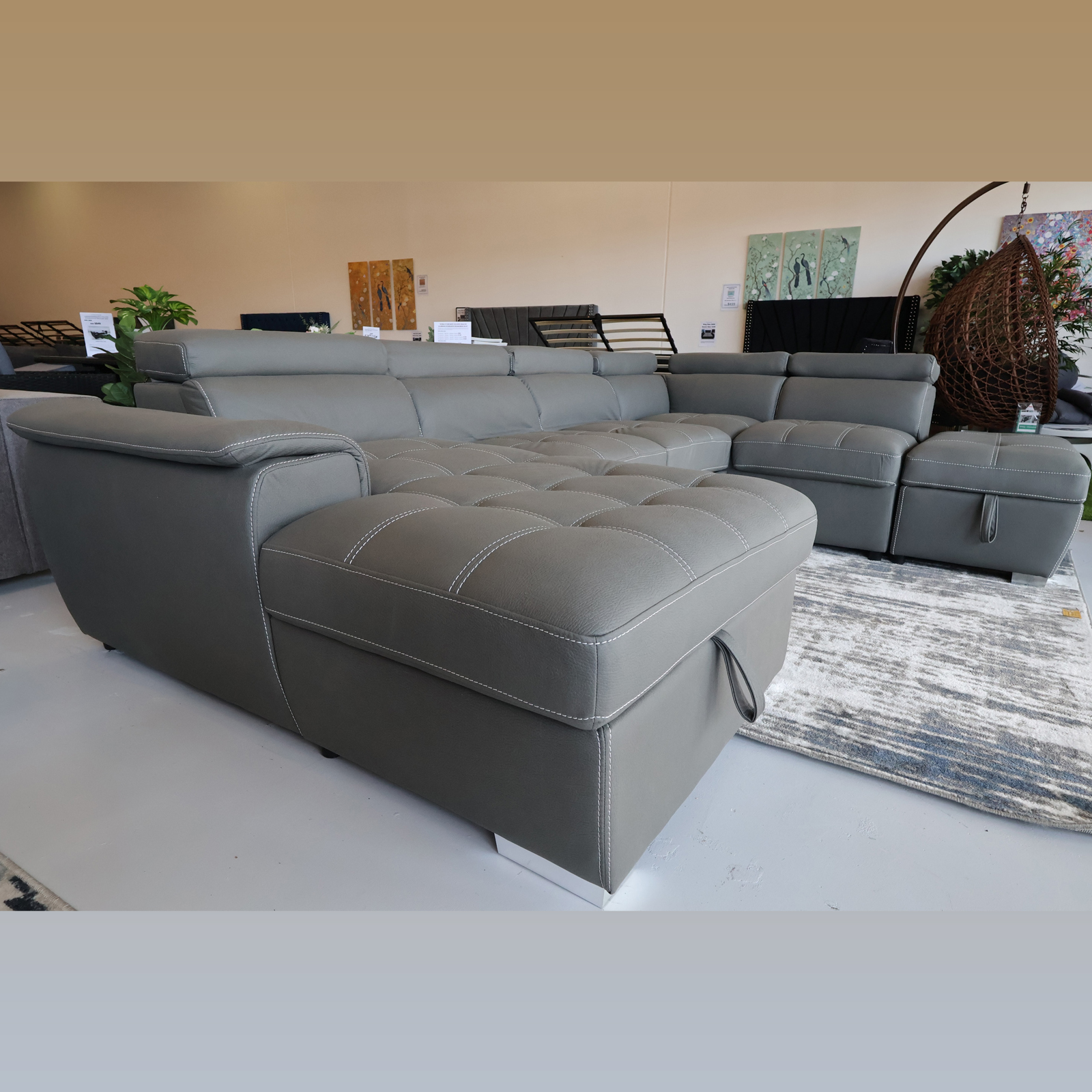 Veronica 6 Seater Lounge, Sofa Bed With Storage And Ottoman - Dark Grey Leather