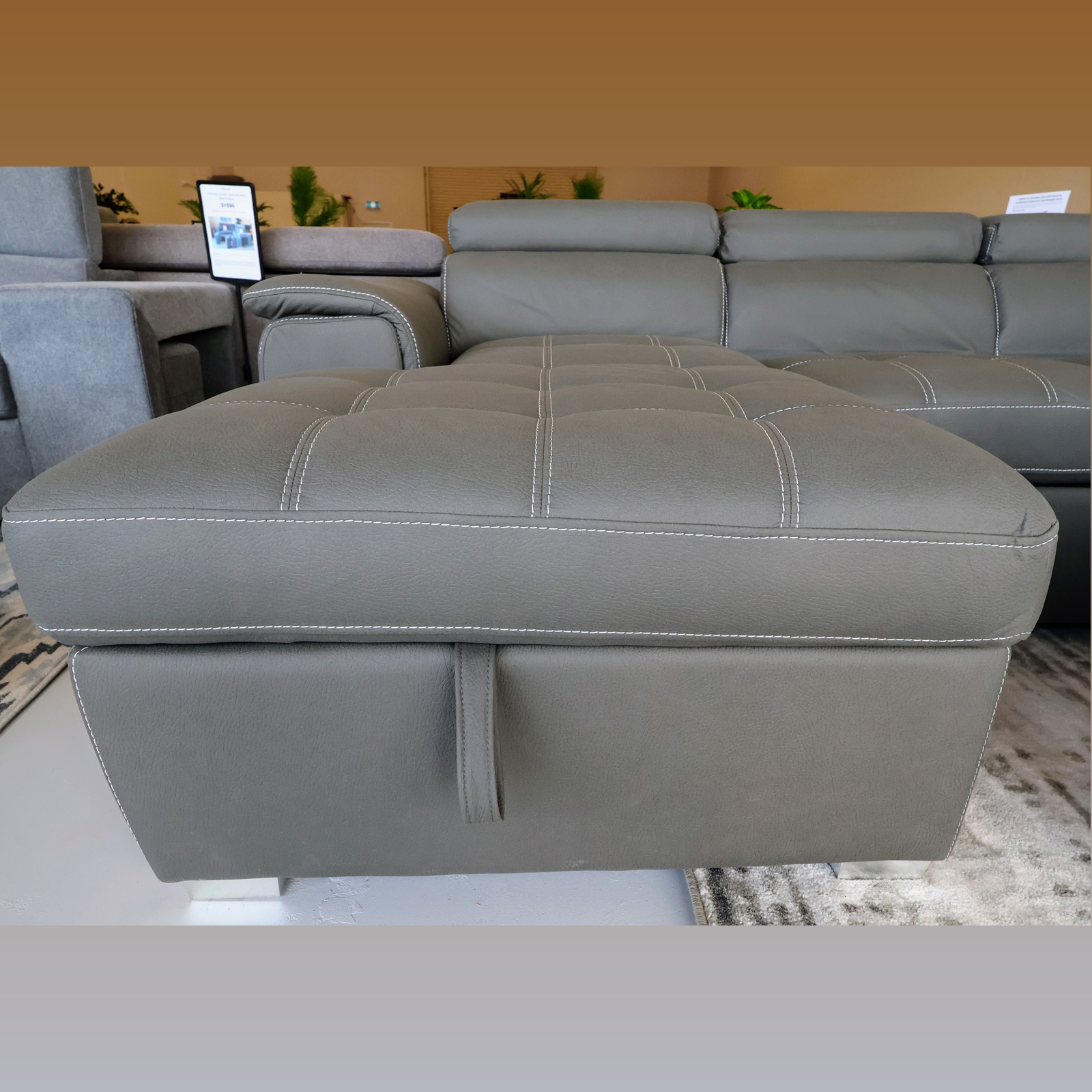 Veronica 6 Seater Lounge, Sofa Bed With Storage And Ottoman - Dark Grey Leather