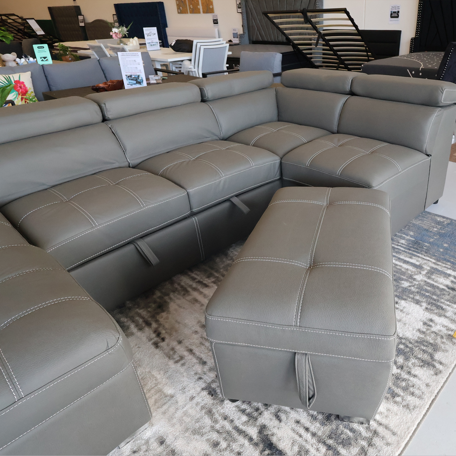 Veronica 6 Seater Lounge, Sofa Bed With Storage And Ottoman - Dark Grey Leather