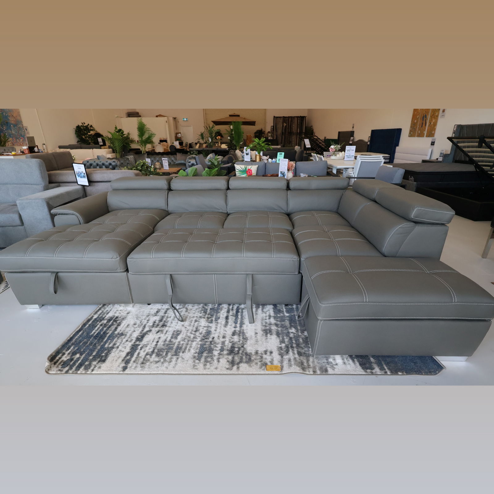 Veronica 6 Seater Lounge, Sofa Bed With Storage And Ottoman - Dark Grey Leather