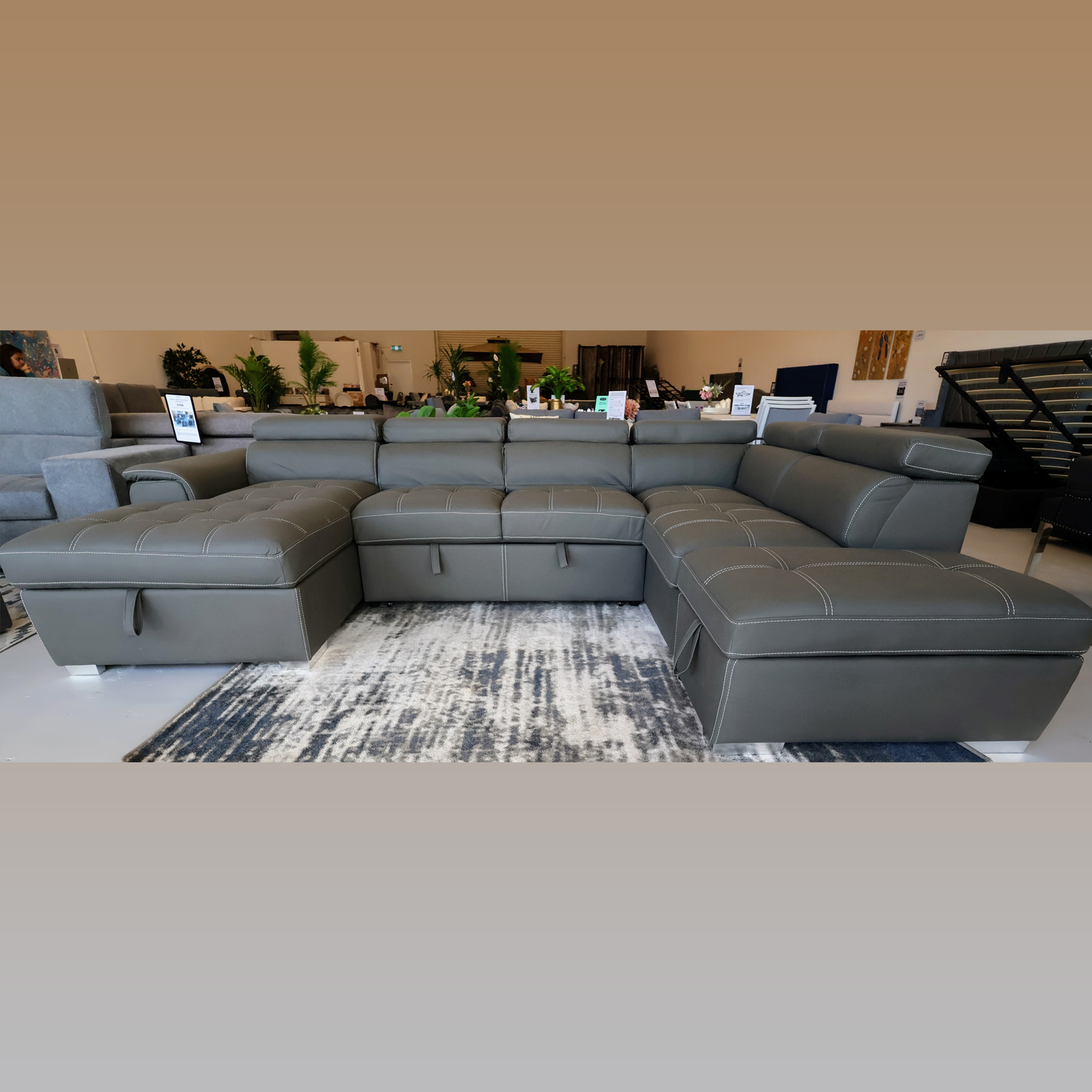 Veronica 6 Seater Lounge, Sofa Bed With Storage And Ottoman - Dark Grey Leather