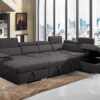 Veronica 6 Seater Lounge, Sofa Bed With Storage And Ottoman - Dark Grey Leather