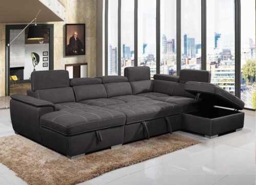 Veronica 6 Seater Lounge, Sofa Bed With Storage And Ottoman - Dark Grey Leather
