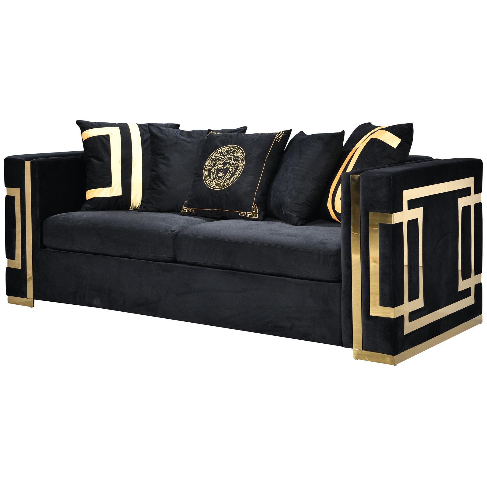 Amara Black Velvet Sofa Set Golden Frame 3seater4 Amara Golden Frame Sofa Set 3/2/1 Seater (All Black/Gold Back Cushion Included) - Black Velvet