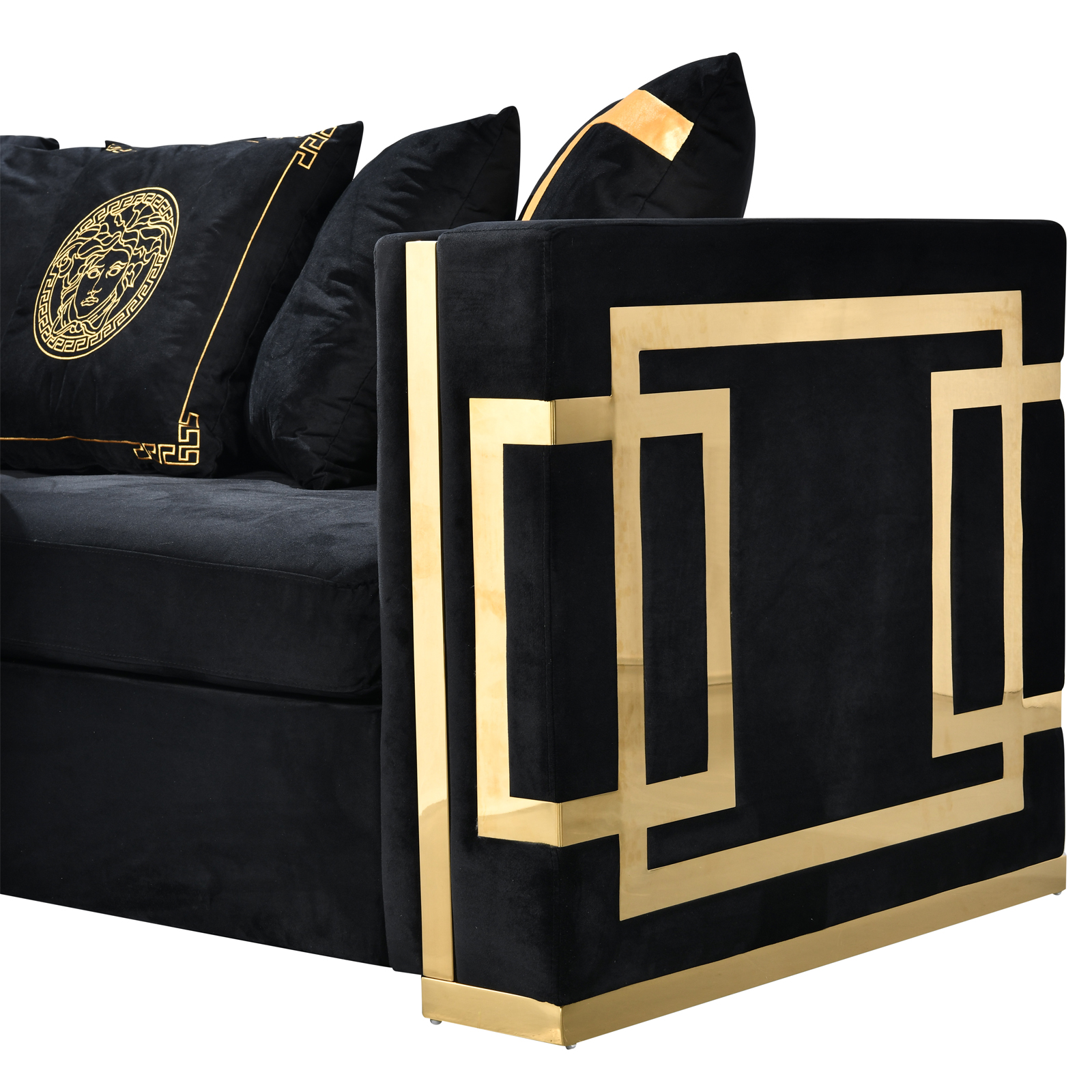 Amara Black Velvet Sofa Set Golden Frame 3seater5 Amara Golden Frame Sofa Set 3/2/1 Seater (All Black/Gold Back Cushion Included) - Black Velvet