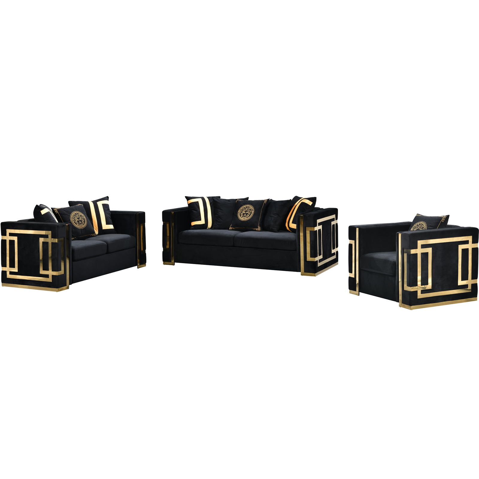 Amara Black Velvet Sofa Set Golden Frame 3seater6 Amara Golden Frame Sofa Set 3/2/1 Seater (All Black/Gold Back Cushion Included) - Black Velvet