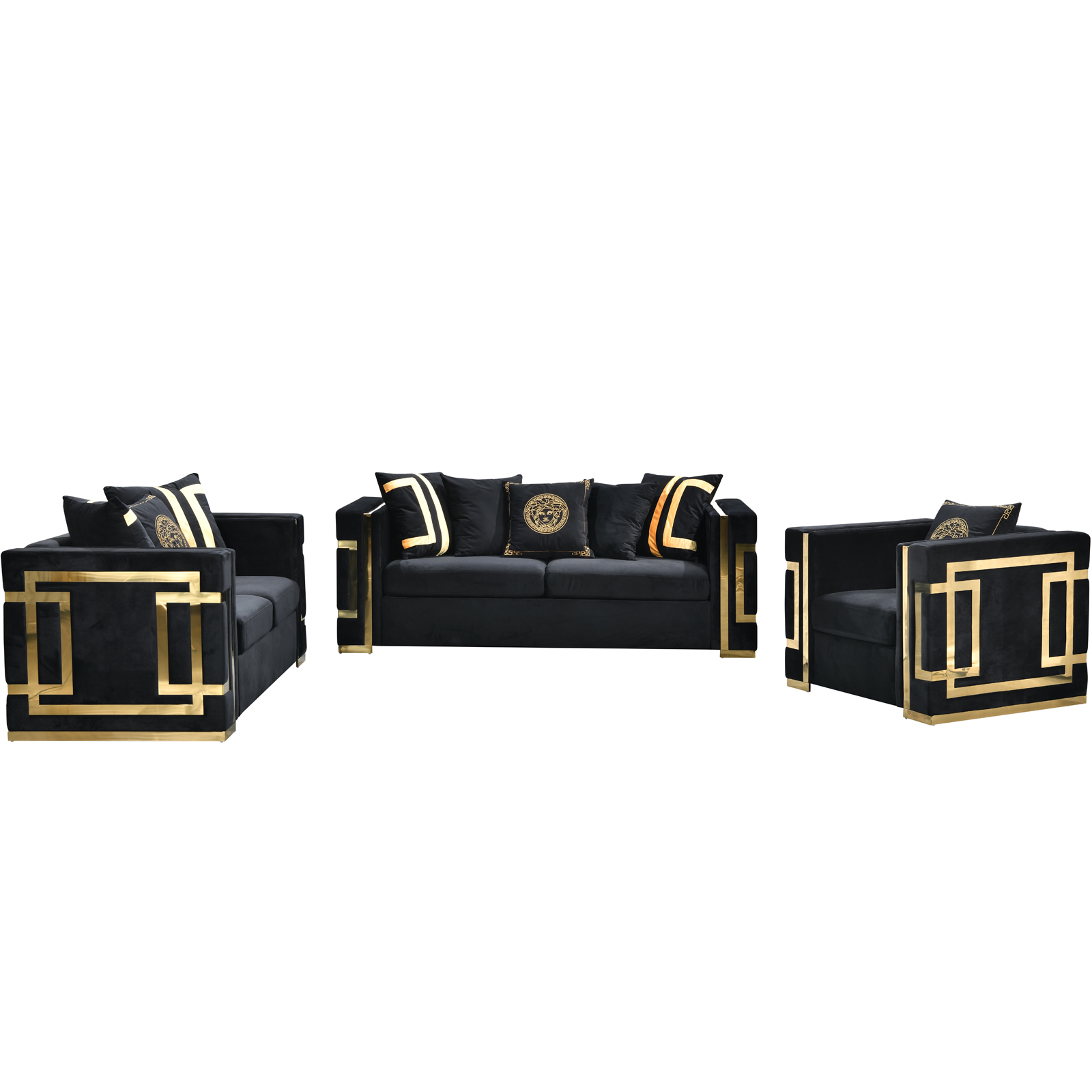 Amara Black Velvet Sofa Set Golden Frame 3seater8 Amara Golden Frame Sofa Set 3/2/1 Seater (All Black/Gold Back Cushion Included) - Black Velvet