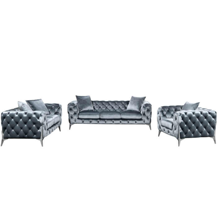 Victoria Royale Chesterfield Sofa Set 3/2/1-seater - Timeless Elegance in Grey Velvet - Image 3