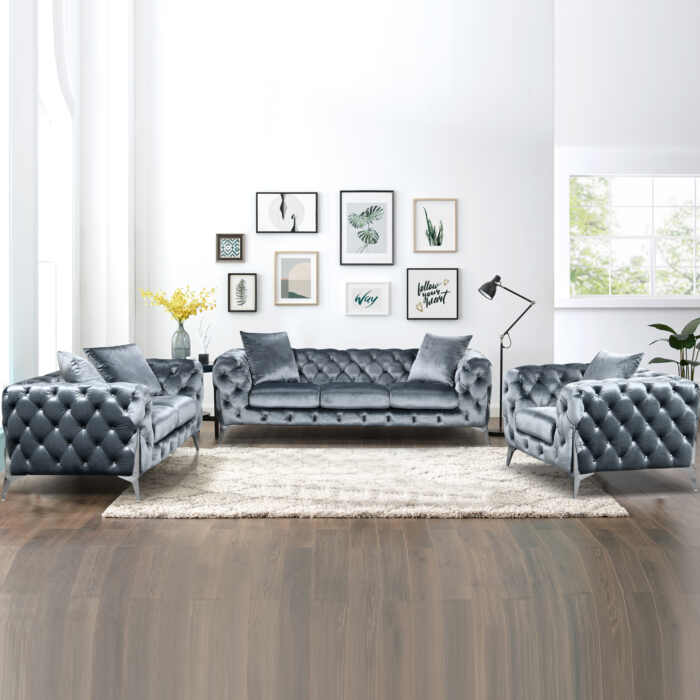 Victoria Royale Chesterfield Sofa Set 3/2/1-seater - Timeless Elegance in Grey Velvet