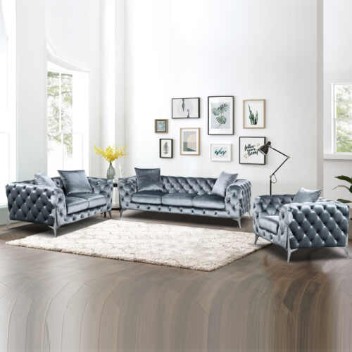 Victoria Royale Chesterfield Sofa Set 3/2/1 Seater - Grey Velvet
