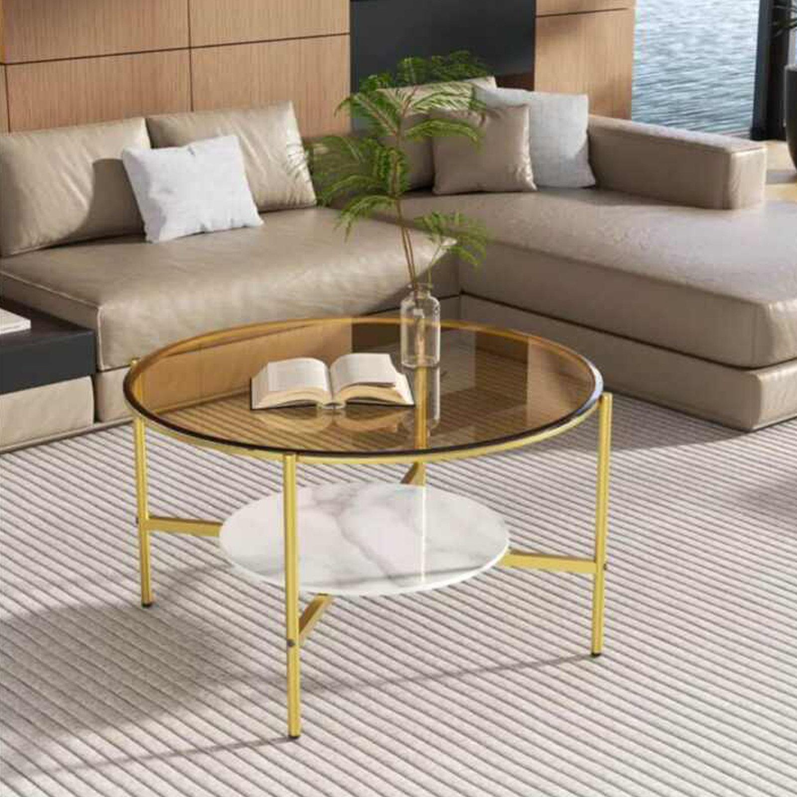 Elegant 2-Tier Glossy Glass Coffee Table – Sleek Minimalist Design With Slate Shelf