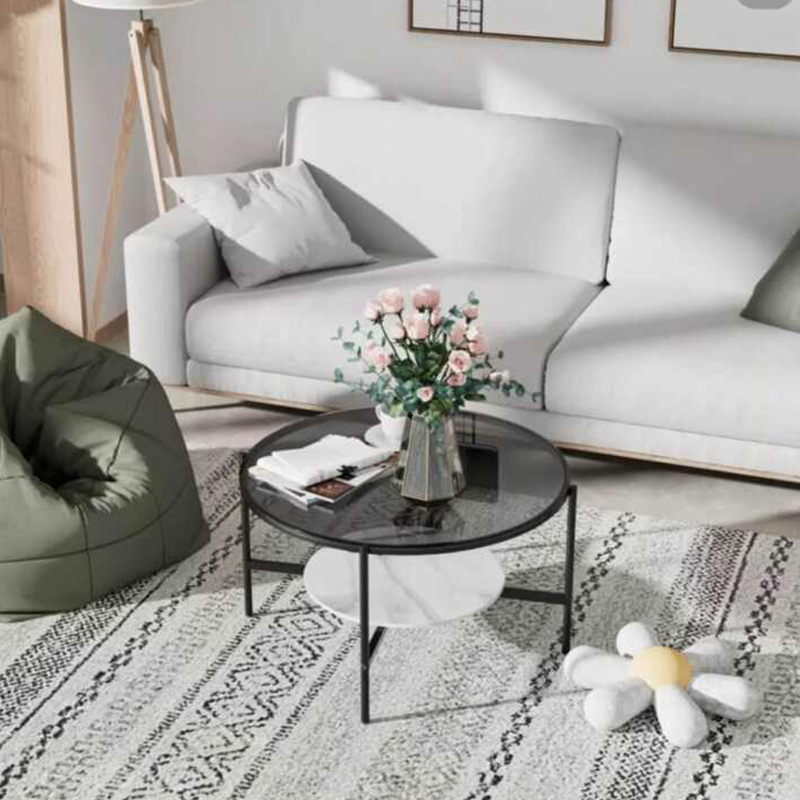 Elegant 2-Tier Glossy Glass Coffee Table – Sleek Minimalist Design With Slate Shelf