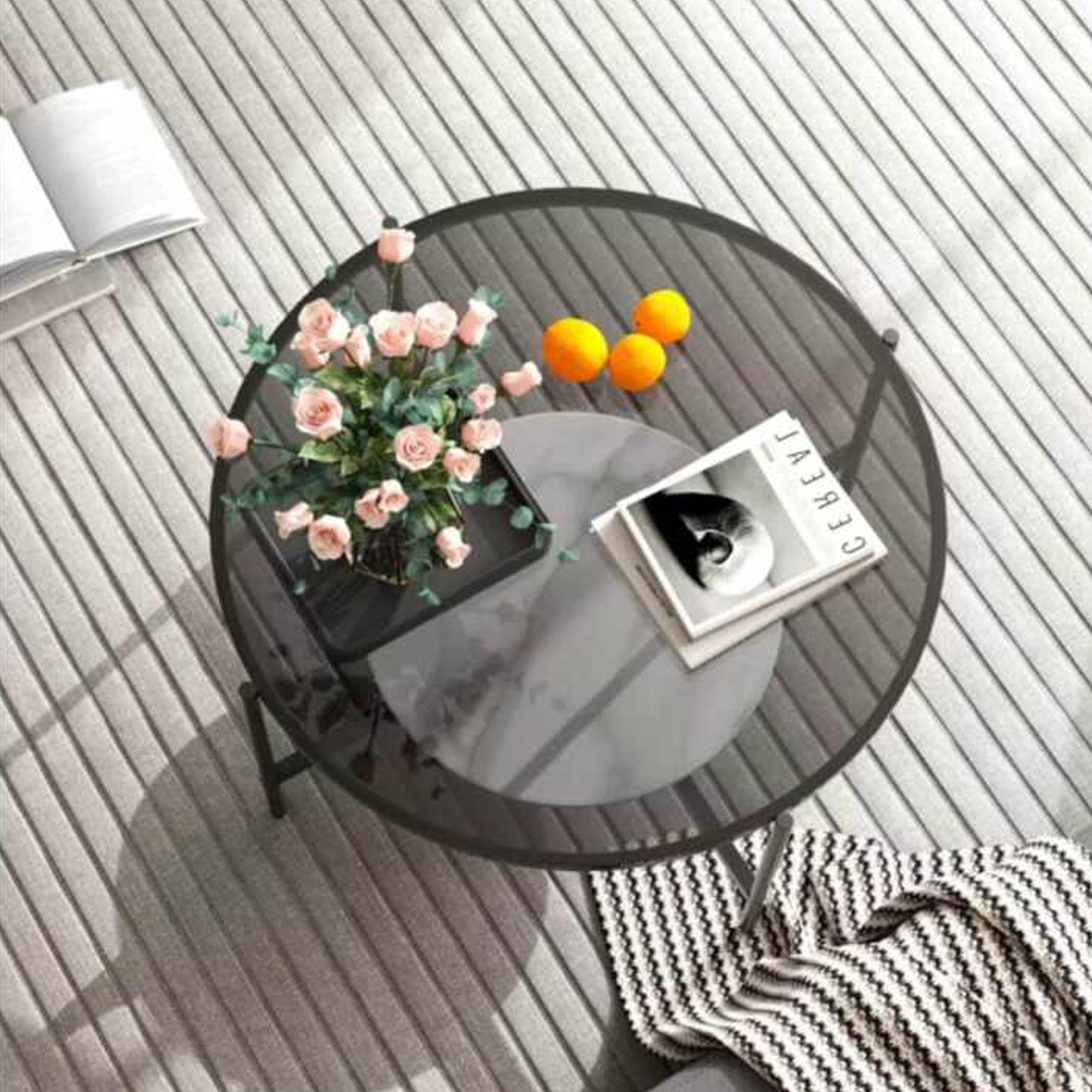 Elegant 2-Tier Glossy Glass Coffee Table – Sleek Minimalist Design With Slate Shelf