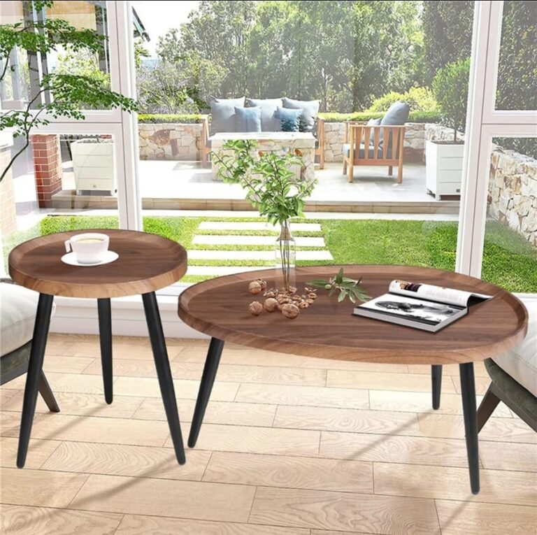 2-piece Retro Living Room Coffee Table Walnut Oval Accent Centre Table - Image 13