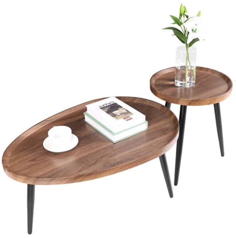 2-piece Retro Living Room Coffee Table Walnut Oval Accent Centre Table - Image 15