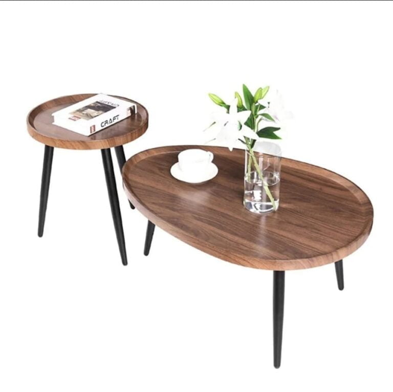 2-piece Retro Living Room Coffee Table Walnut Oval Accent Centre Table - Image 17