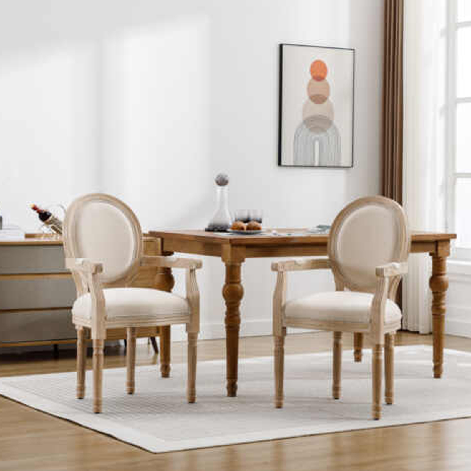 Louis French Beige Linen Dining Armchair – Light Wood