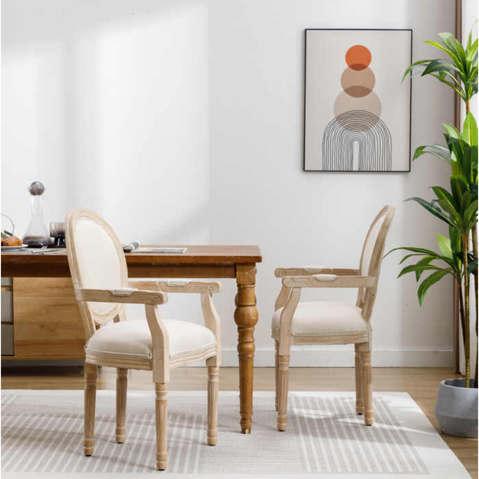 Louis French Beige Linen Dining Armchair – Light Wood