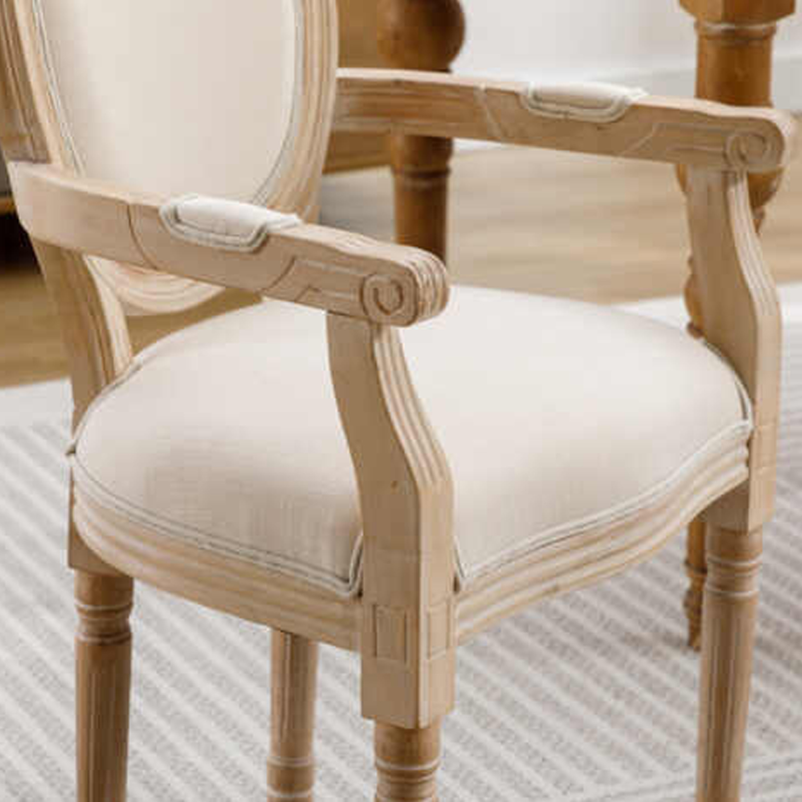 Louis French Beige Linen Dining Armchair – Light Wood