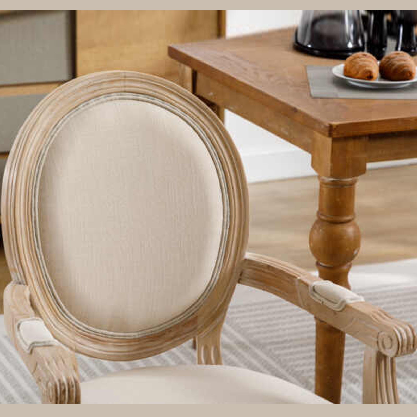 Louis French Beige Linen Dining Armchair – Light Wood