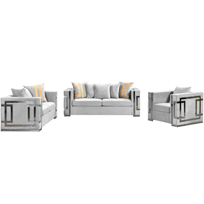 Amara Grey Velvet Sofa Set Silver Frame 3seater/2seater/1seater (ALL Grey/GOLD BACK CUSHION INCLUDED) - Image 4