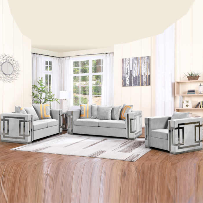 Amara Grey Velvet Sofa Set Silver Frame 3seater/2seater/1seater (ALL Grey/GOLD BACK CUSHION INCLUDED)