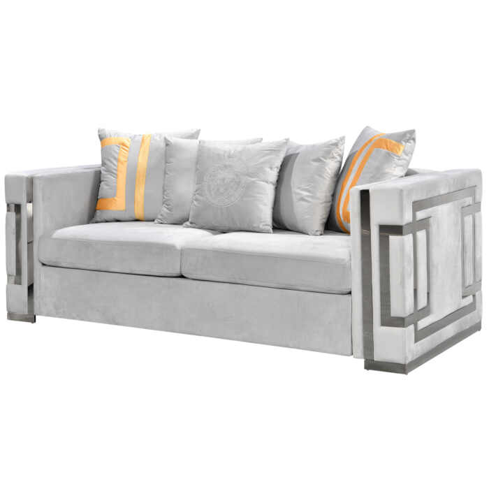 Amara Grey Velvet Sofa Set Silver Frame 3seater/2seater/1seater (ALL Grey/GOLD BACK CUSHION INCLUDED) - Image 7