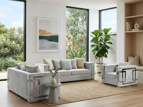 Grey velvet sofa set with silver frame in perth showroom