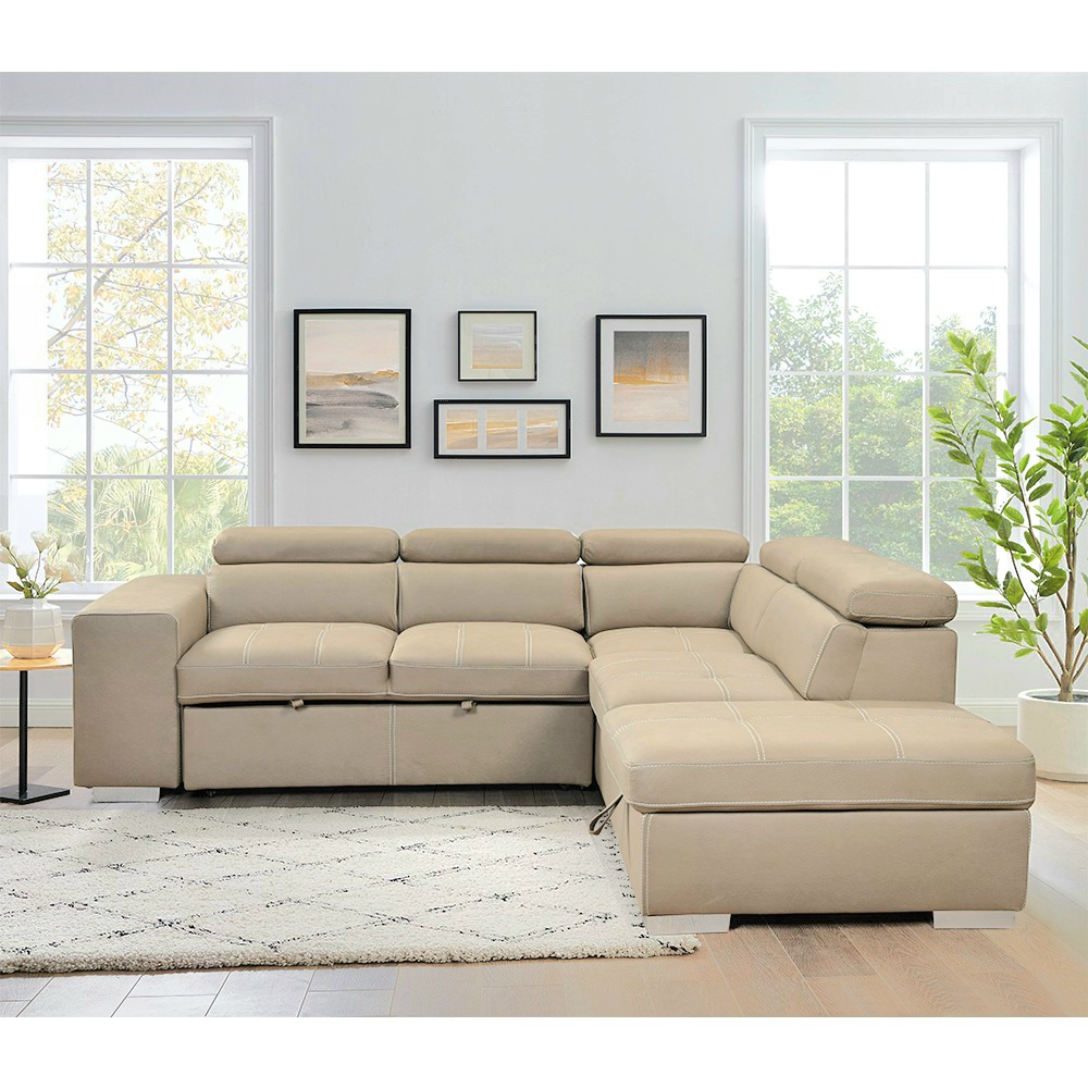 Vivo 7 Seater L shape Lounge with Pull out Sofa Bed + Stool + Storage Ottoman - Cream