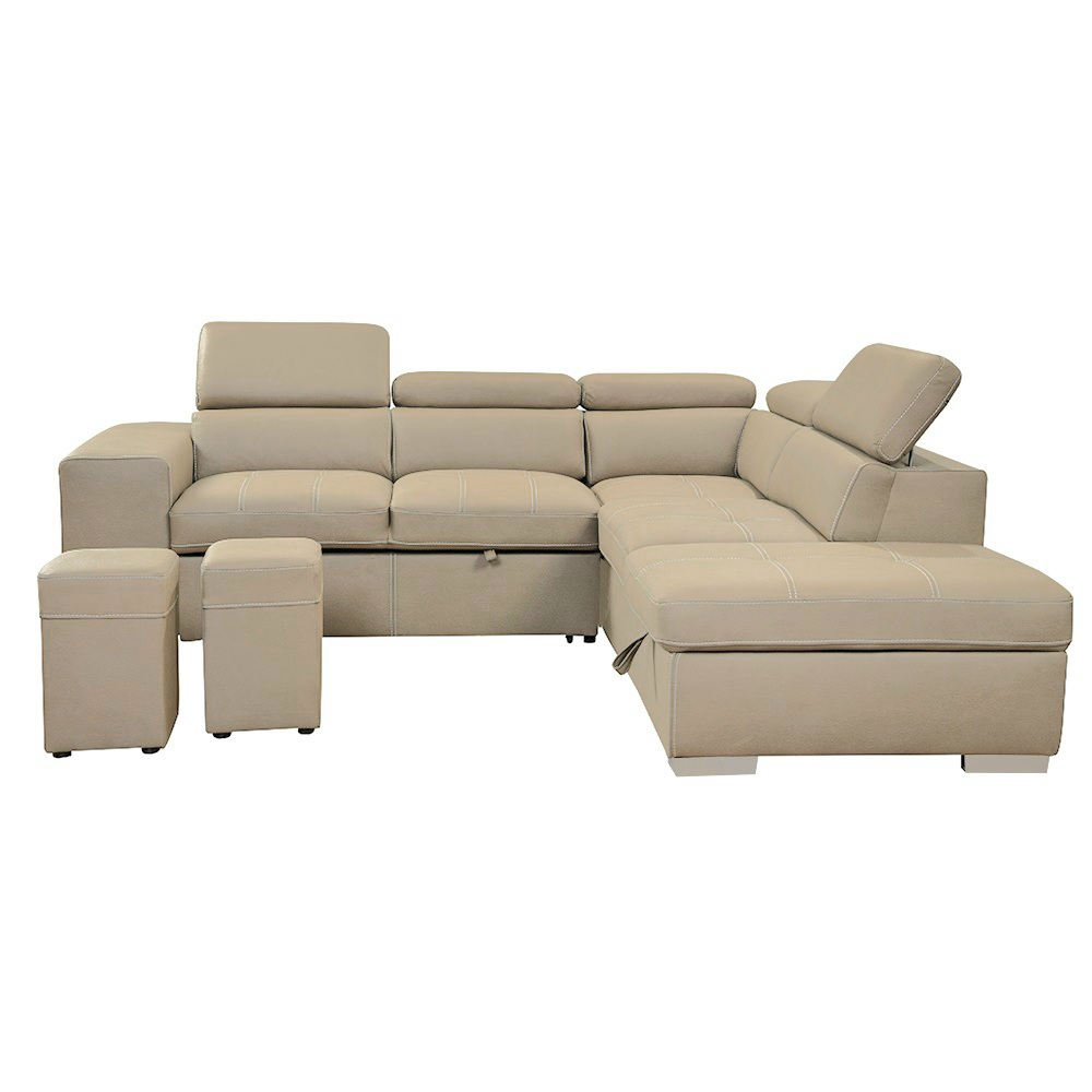 Vivo 7 Seater L shape Lounge with Pull out Sofa Bed + Stool + Storage Ottoman - Cream