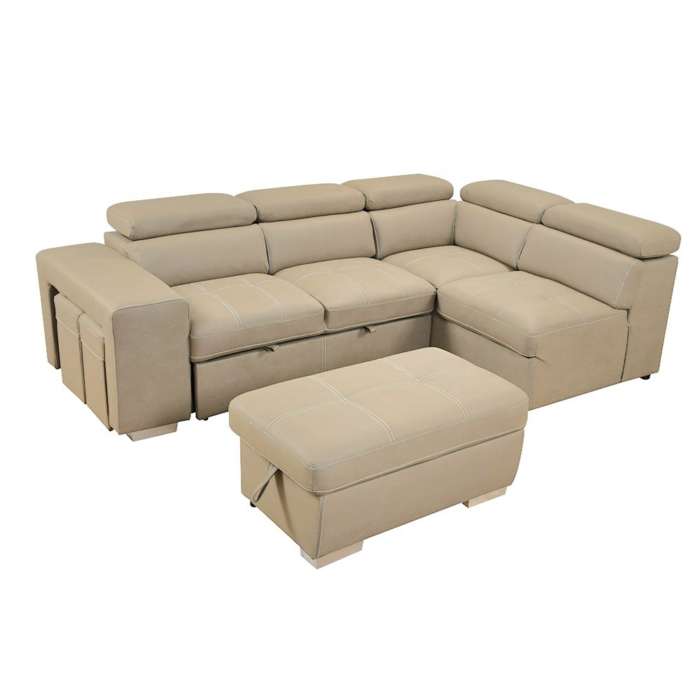 Vivo 7 Seater L shape Lounge with Pull out Sofa Bed + Stool + Storage Ottoman - Cream