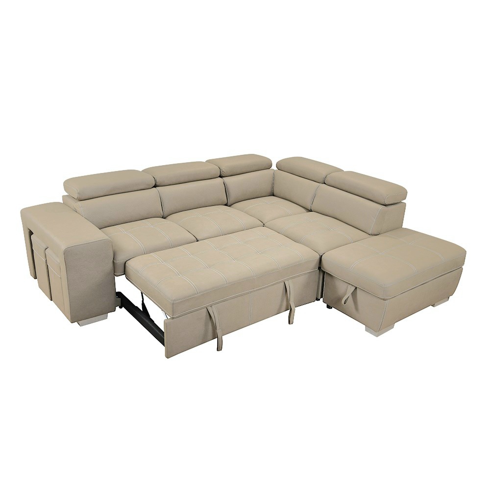 Vivo 7 Seater L shape Lounge with Pull out Sofa Bed + Stool + Storage Ottoman - Cream