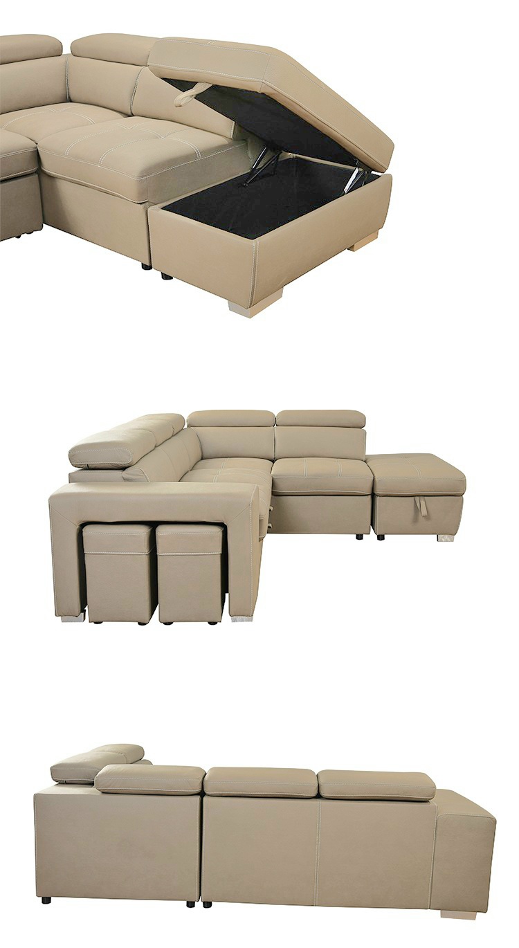 Vivo 7 Seater L shape Lounge with Pull out Sofa Bed + Stool + Storage Ottoman - Cream