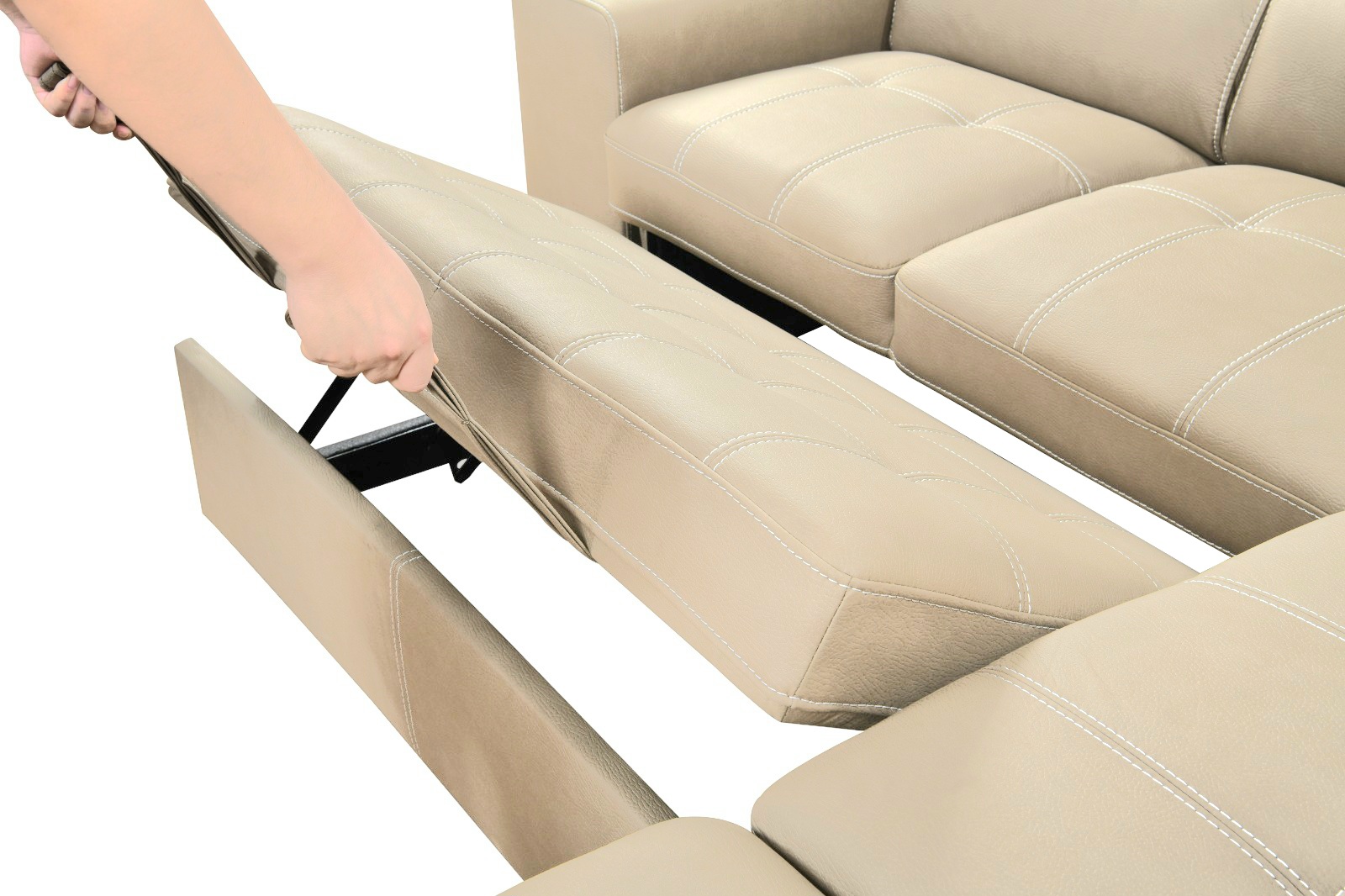 Vivo 7 Seater L shape Lounge with Pull out Sofa Bed + Stool + Storage Ottoman - Cream