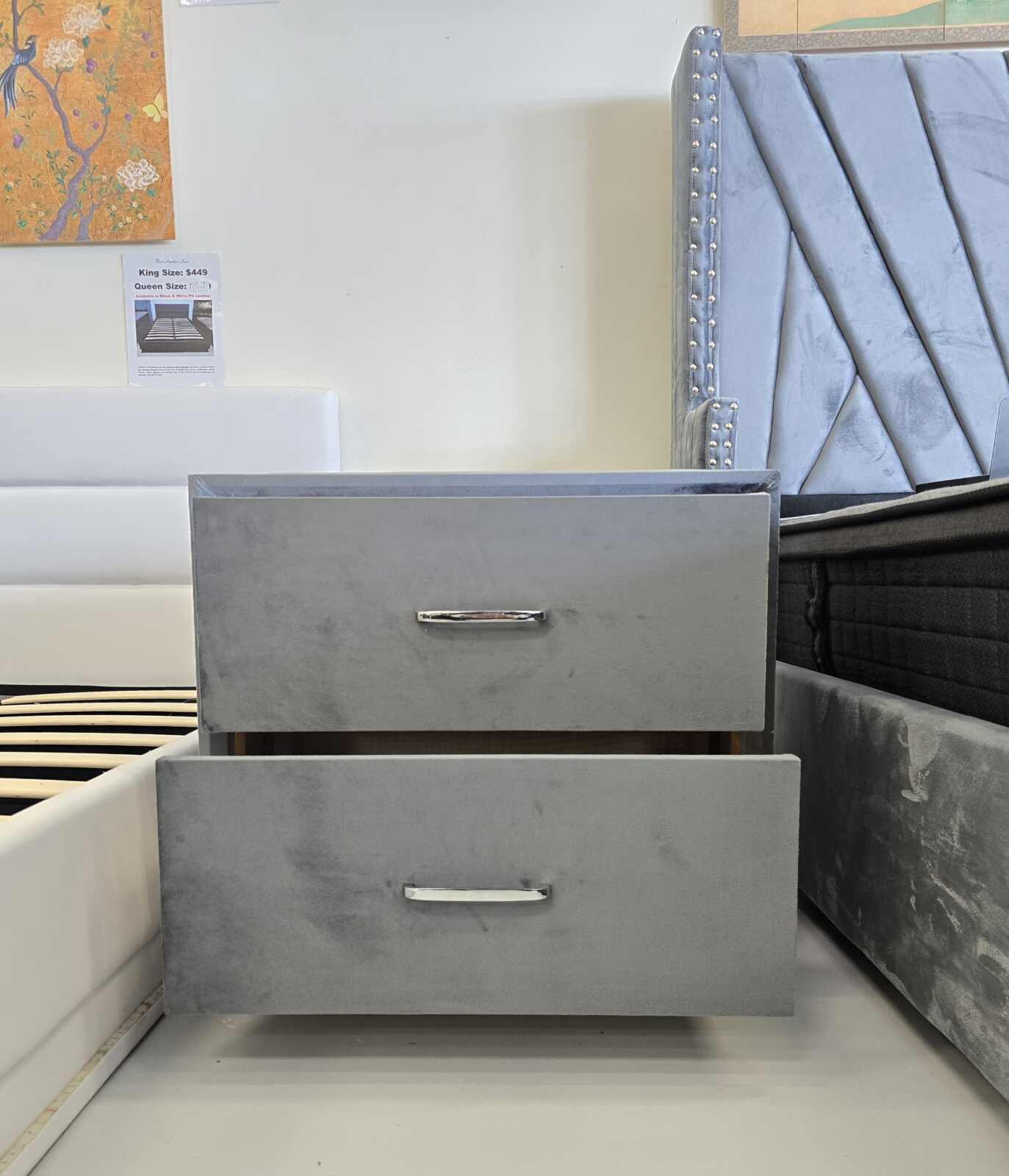 20250615_130809 Grey Velvet 2-Drawer Bedside Table – Modern Elegance with Storage