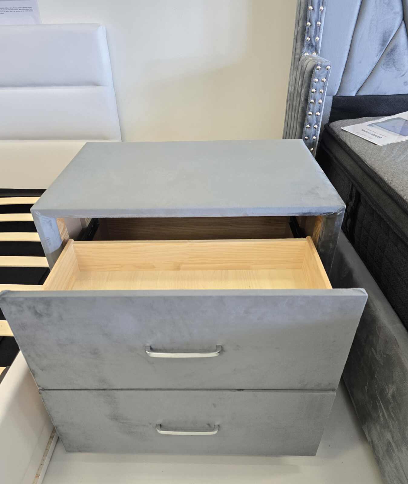 20250615_130902 Grey Velvet 2-Drawer Bedside Table – Modern Elegance with Storage