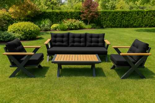 Modern Sunvera 5 Seater Aluminium + Wood Plank Sofa Set with Coffee Table - Black