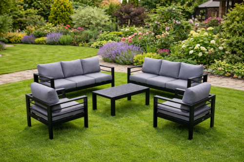 Hamilton Outdoor 8 Seater Aluminium Lounge Sofa Set With Coffee Table – Black Frame
