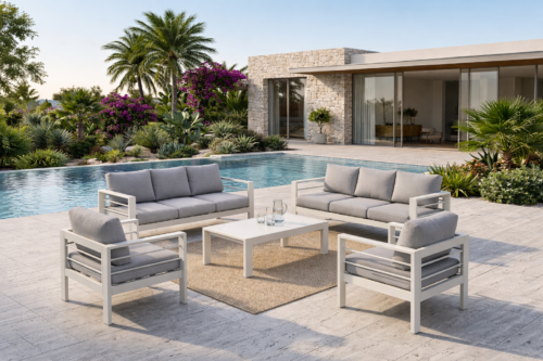 Hamilton Outdoor 8 Seater Aluminium Lounge Sofa Set With Coffee Table – White Frame