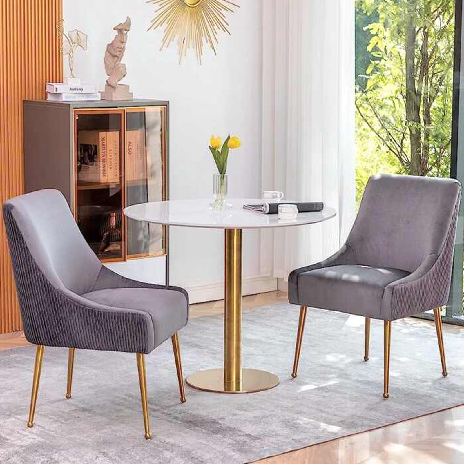 Elara Modern Velvet Accent Side Chair With Pleated Back, Pull Handle - Grey With Gold Legs